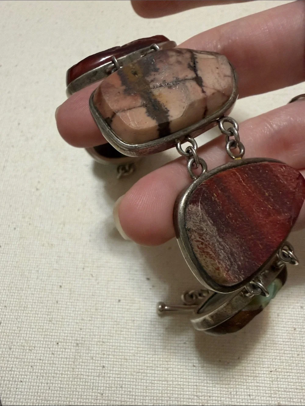 Beautiful Rare Find Sterling Silver 925 Multi-Stone Jasper Link Bracelet 7.5 in